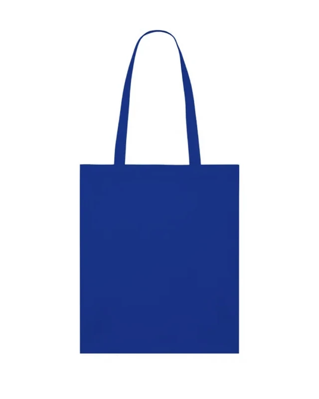 Blue tote bag with two long handles, shown from the front
